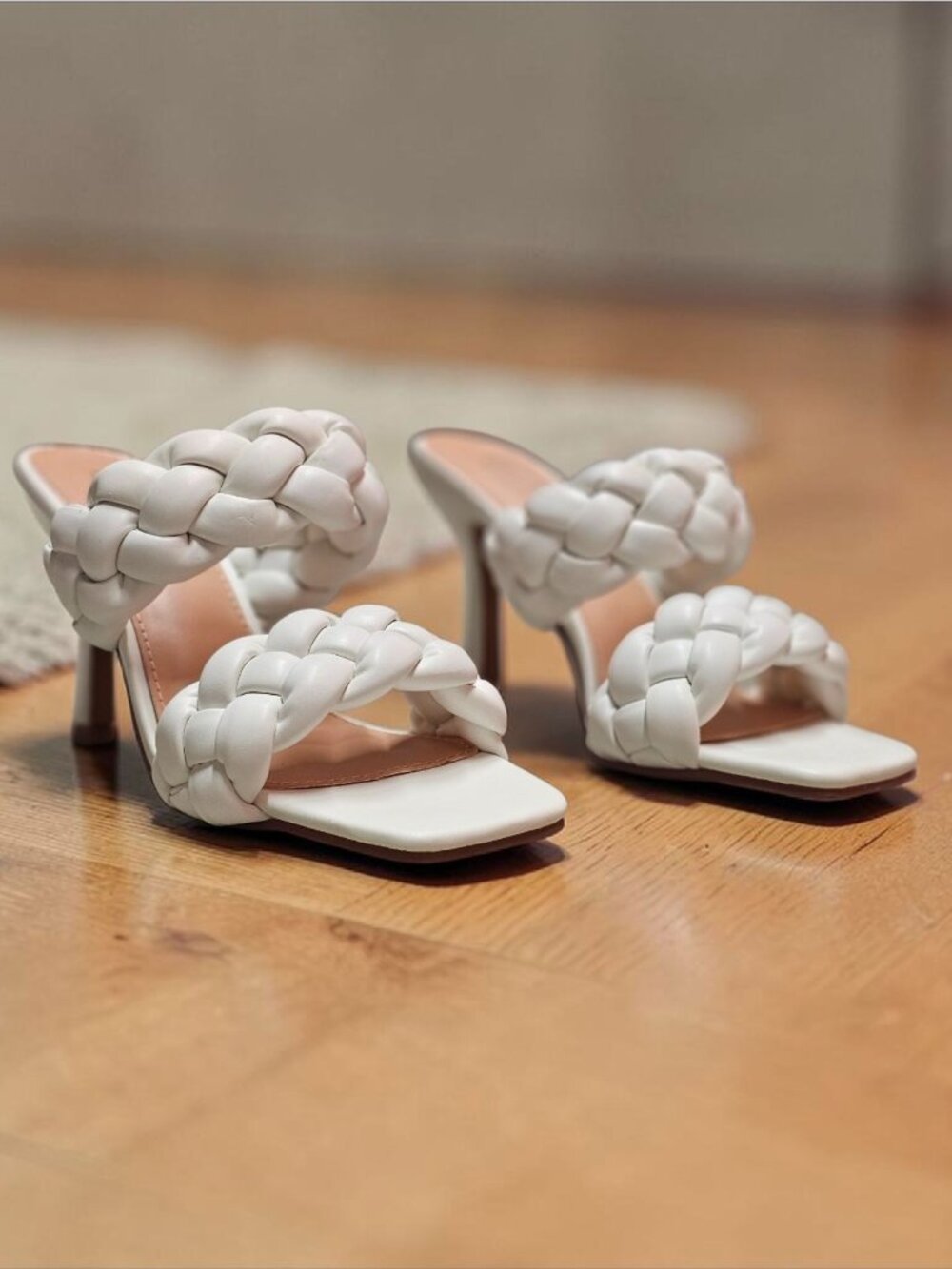 White Braided Heeled Sandals With Square Toe & Slip-On Style - Picture 3 of 12